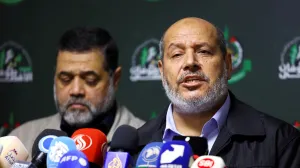 FILE PHOTO: Hamas officials, Khalil Al-Hayya and Osama Hamdan, attend a press conference in Beirut, Lebanon, November 21, 2023. REUTERS/Esa Alexander/File Photo/Esa Alexander