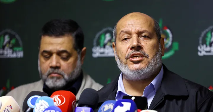 FILE PHOTO: Hamas officials, Khalil Al-Hayya and Osama Hamdan, attend a press conference in Beirut, Lebanon, November 21, 2023. REUTERS/Esa Alexander/File Photo/Esa Alexander