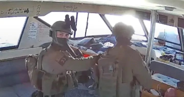 A screengrab from a live stream video shows Israeli navy forces aboard the Gaza-bound vessel Captain Nikos, part of the Global Sumud Flotilla, which flotilla organisers report has been intercepted, October 2, 2025. Global Sumud Flotilla/Handout via REUTERS THIS IMAGE HAS BEEN SUPPLIED BY A THIRD PARTY. MANDATORY CREDIT. NO RESALES. NO ARCHIVES./Global Sumud Flotilla