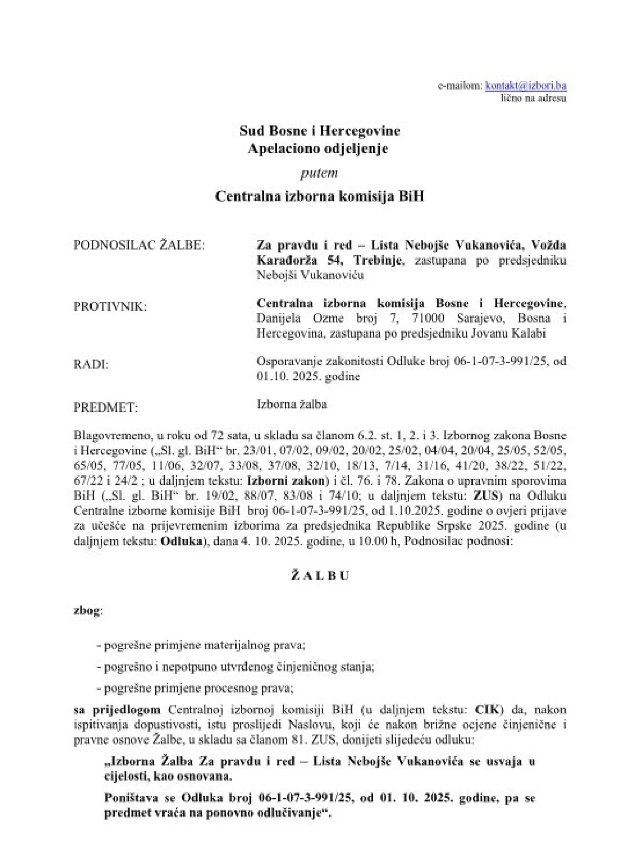 žalba nebojše Vukanovića/Printscreen/