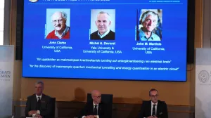 John Clarke, Michel H. Devoret and John M. Martinis are announced this year's Nobel Prize winners in Physics, by the Royal Swedish Academy of Sciences at a press conference in Stockhom, Sweden October 7, 2025. REUTERS/Tom Little/Tom Little