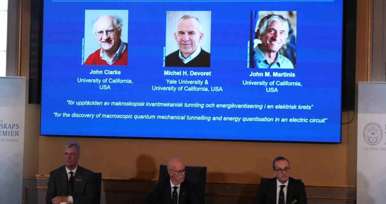 John Clarke, Michel H. Devoret and John M. Martinis are announced this year's Nobel Prize winners in Physics, by the Royal Swedish Academy of Sciences at a press conference in Stockhom, Sweden October 7, 2025. REUTERS/Tom Little/Tom Little