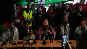 Swedish activist Greta Thunberg attends a press conference arranged by the Global Movement to Gaza Sweden in connection with the arrival of the released Swedish participants in the Global Sumud Flotilla, in Stockholm, Sweden, October 7, 2025. REUTERS/Tom Little/Tom Little