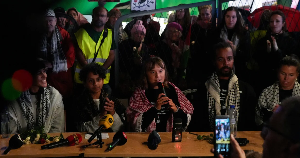 Swedish activist Greta Thunberg attends a press conference arranged by the Global Movement to Gaza Sweden in connection with the arrival of the released Swedish participants in the Global Sumud Flotilla, in Stockholm, Sweden, October 7, 2025. REUTERS/Tom Little/Tom Little