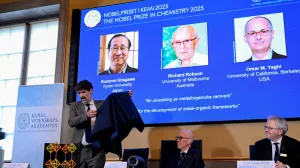 A screen displays the 2025 Nobel Prize laureates in Chemistry, Susumu Kitagawa (Kyoto University, Japan), Richard Robson (University of Melbourne, Australia), and Omar M. Yaghi (University of California, Berkeley, U.S.), as they are announced during a press conference at the Royal Swedish Academy of Sciences in Stockholm, Sweden, October 8, 2025. TT News Agency/Fredrik Sandberg via REUTERS ATTENTION EDITORS - THIS IMAGE WAS PROVIDED BY A THIRD PARTY. SWEDEN OUT. NO COMMERCIAL OR EDITORIAL SALES IN SWEDEN./Fredrik Sandberg/tt