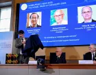 A screen displays the 2025 Nobel Prize laureates in Chemistry, Susumu Kitagawa (Kyoto University, Japan), Richard Robson (University of Melbourne, Australia), and Omar M. Yaghi (University of California, Berkeley, U.S.), as they are announced during a press conference at the Royal Swedish Academy of Sciences in Stockholm, Sweden, October 8, 2025. TT News Agency/Fredrik Sandberg via REUTERS ATTENTION EDITORS - THIS IMAGE WAS PROVIDED BY A THIRD PARTY. SWEDEN OUT. NO COMMERCIAL OR EDITORIAL SALES IN SWEDEN./Fredrik Sandberg/tt