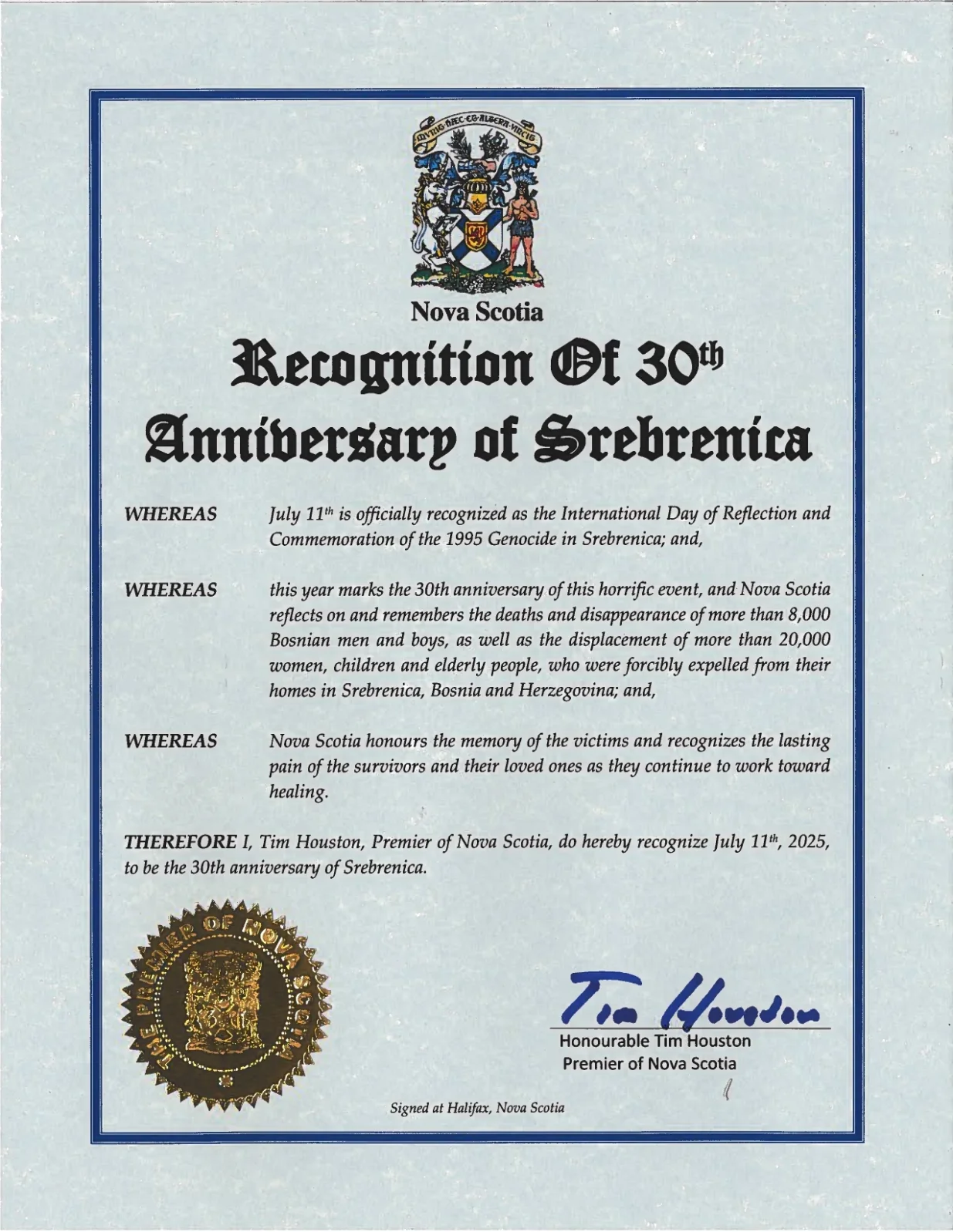 Kanadska pokrajina Nova Scotiausvojila Rezoluciju o Danu sjećanja na genocid u Srebrenici/Igk