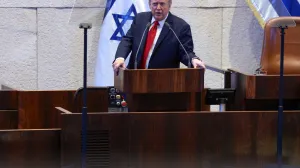 U.S. President Donald Trump addresses the Knesset, amid a U.S.-brokered prisoner-hostage swap and ceasefire deal between Israel and Hamas, in Jerusalem, October 13, 2025. REUTERS/Evelyn Hockstein/Pool/Evelyn Hockstein