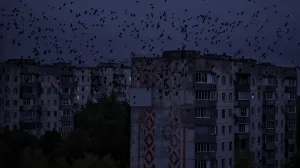 Birds fly near Residential buildings during a power blackout after critical civil infrastructure was hit by a Russian military attacks in Chernihiv region, amid Russia's attack on Ukraine, in Chernihiv, Ukraine October 2, 2025. REUTERS/Yan Dobronosov/Yan Dobronosov