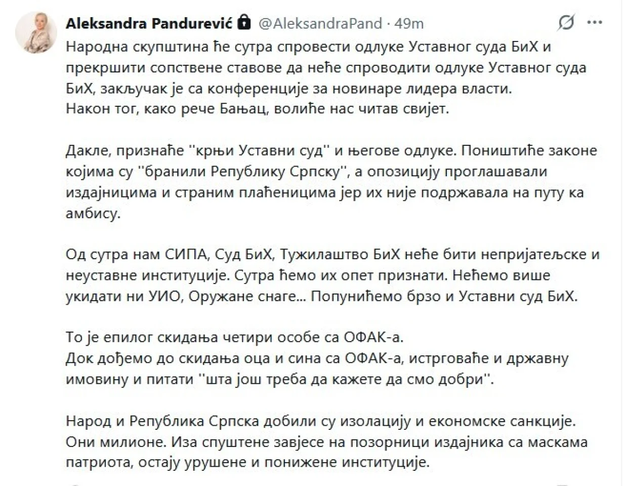 aleksandra pandurević objava na x-u/X