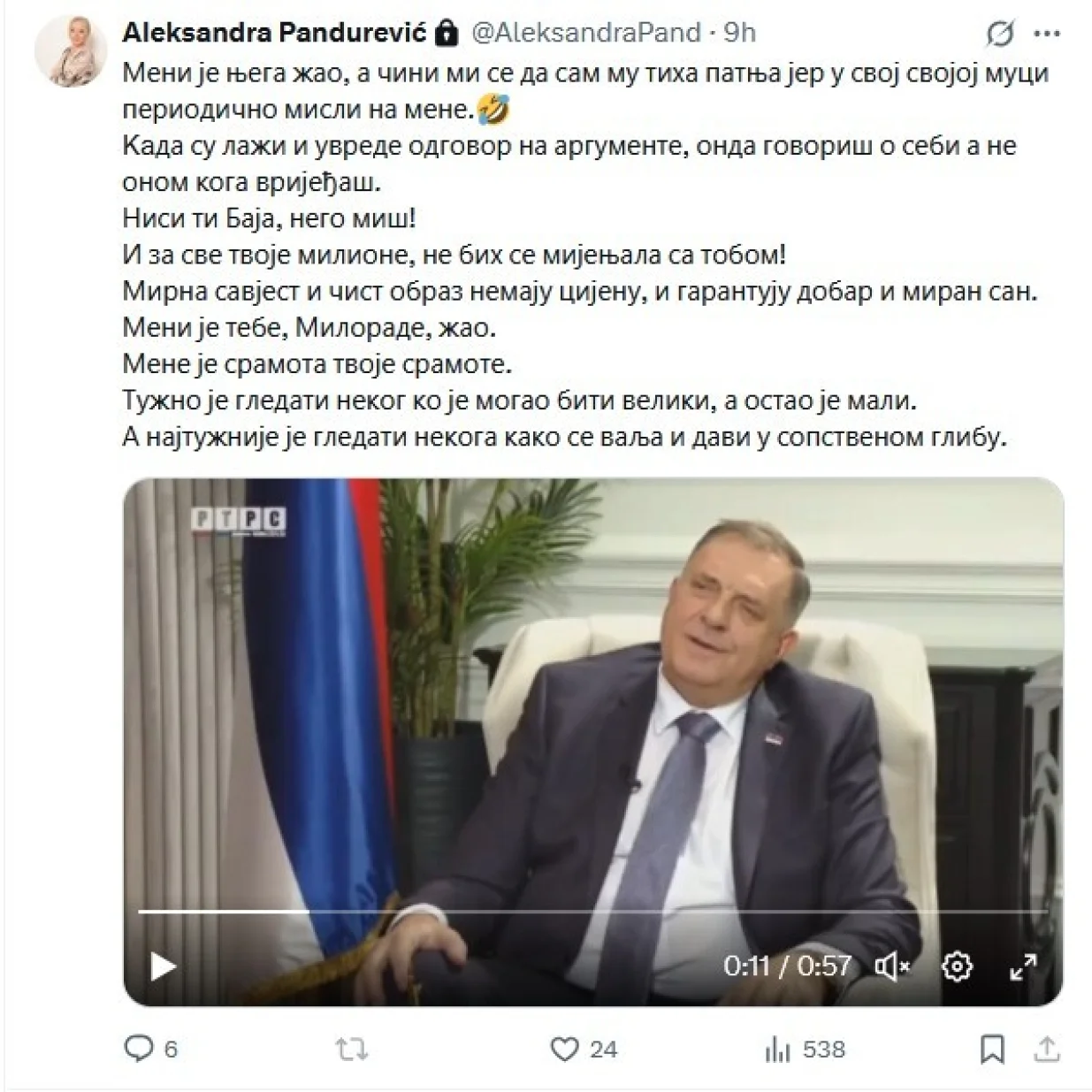 Objava Aleksandre Pandurević/Printscreen/