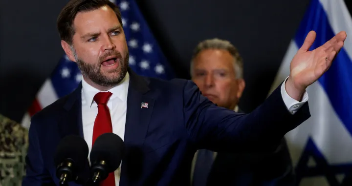 U.S. Vice President JD Vance speaks to members of the media in Kiryat Gat, Israel, October 21, 2025. REUTERS/Ammar Awad/Ammar Awad
