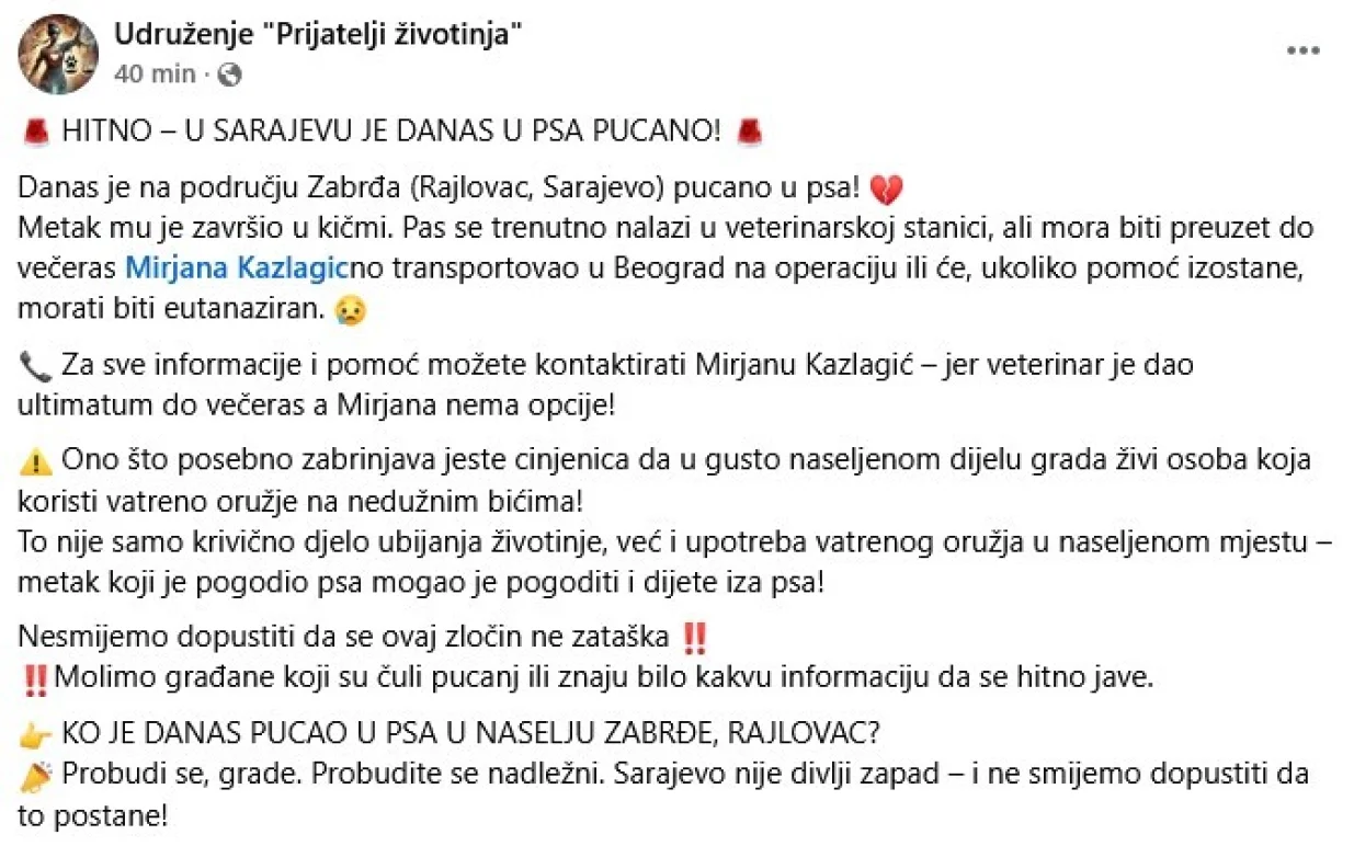 Objava udruženja Prijatelji životinja/Printscreen/