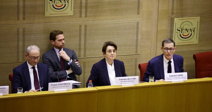 Laurence des Cars, president and director of the Louvre Museum, Francis Steinbock, Deputy General Administrator of the Louvre Museum, Matthias Grolier, Chief of Staff to the President and Director of the Louvre Museum and French Senator Laurent Lafon are seen before the start of a hearing by the Culture, Education, Communication and Sport Commission at the French Senate, on the day the Louvre Museum reopened to the public for the first time since last Sunday's heist, while the Galerie d'Apollon where eight pieces of Napoleon and the Empress's jewelry collection displayed in the gallery were stolen by thieves, remains closed, in Paris, France, October 22, 2025. REUTERS/Sarah Meyssonnier/Sarah Meyssonnier