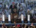 U.S. President Donald Trump delivers remarks from behind a bulletproof glass during a Navy 250 Celebration in Norfolk, Virginia, U.S. October 5, 2025. REUTERS/Jonathan Ernst/Jonathan Ernst