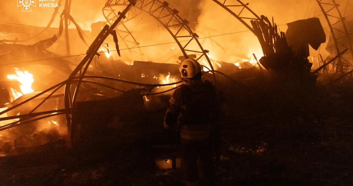 Firefighters work at the site of a Russian drone strike, amid Russia's attack on Ukraine, in Kyiv, Ukraine in this handout picture released October 23, 2025. Press service of the State Emergency Service of Ukraine in Kyiv/Handout via REUTERS ATTENTION EDITORS - THIS IMAGE HAS BEEN SUPPLIED BY A THIRD PARTY. MUST NOT OBSCURE LOGO./State Emergency Service Of Ukrai