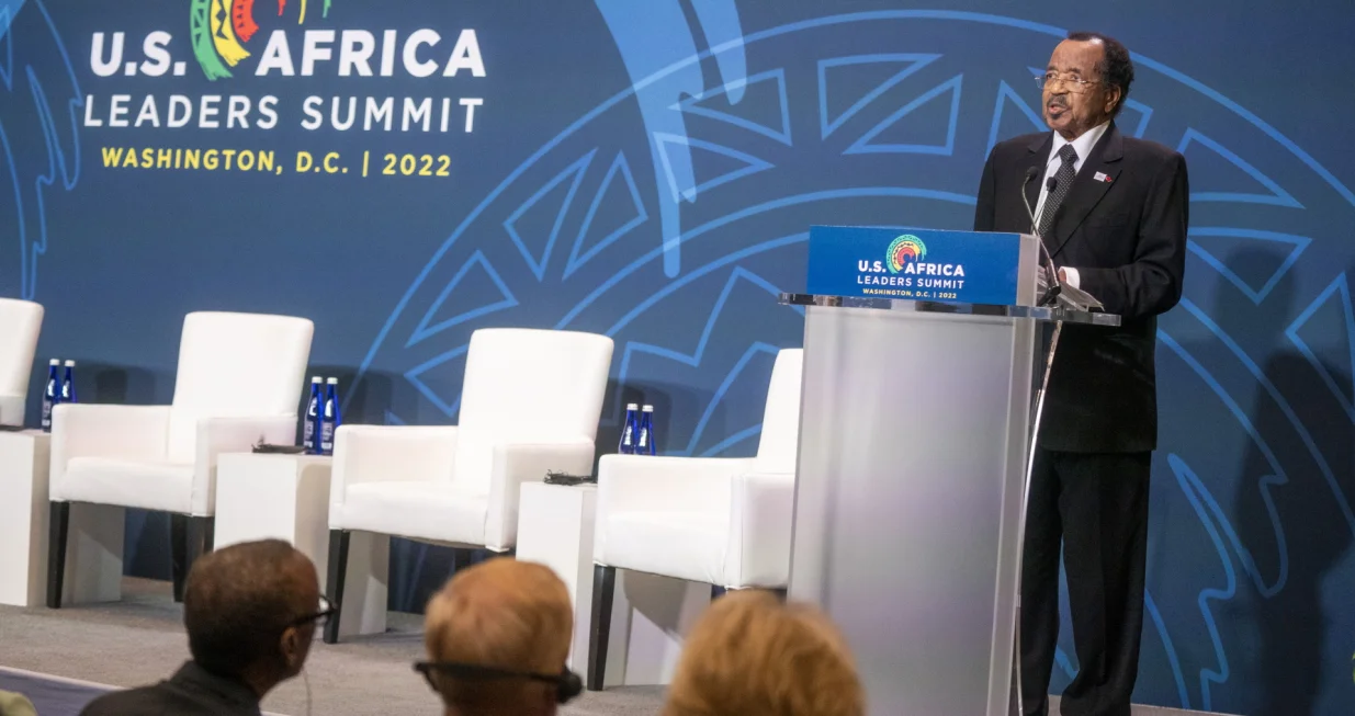 epa10363664 President of Cameroon Paul Biya delivers remarks at the U.S. Africa Space Forum during the U.S. Africa Leaders Summit at the Walter E. Washington Convention Center in Washington, DC, USA, 13 December 2022. The U.S-Africa Leaders Summit brings together heads of state, government officials, business leaders, and civil society to strengthen ties between the U.S. and Africa. EPA/SHAWN THEW/Shawn Thew