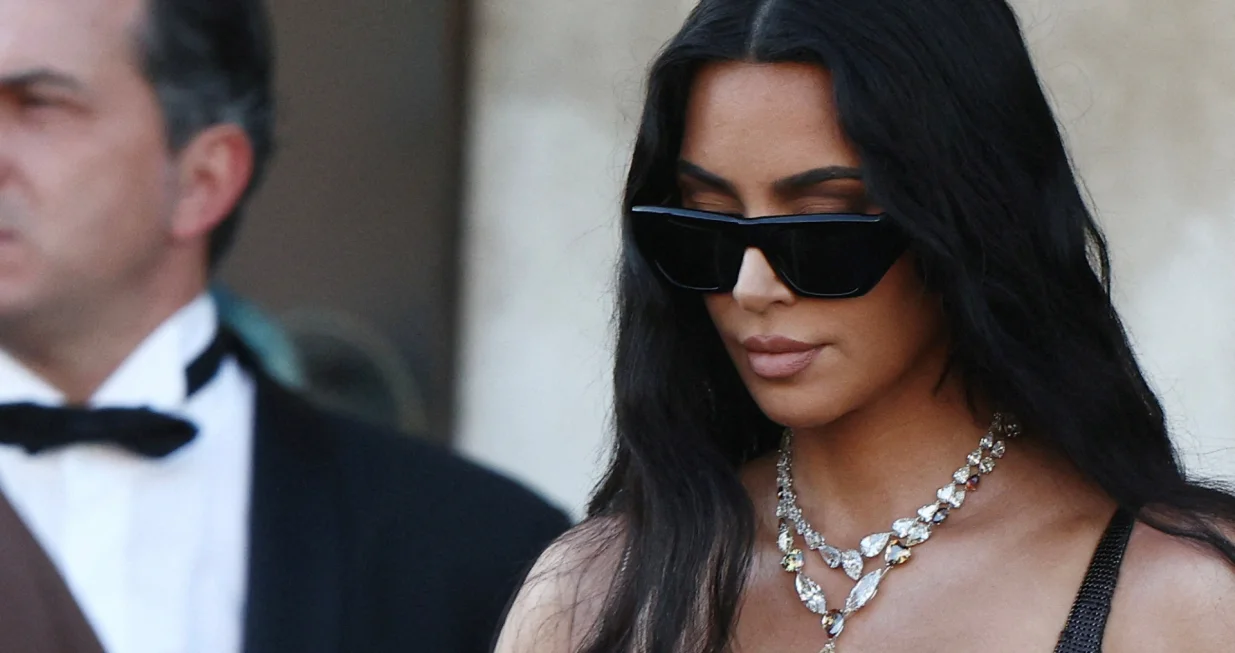 FILE PHOTO: Kim Kardashian leaves Gritti Palace, on the second day of the wedding festivities of Amazon founder Jeff Bezos and journalist Lauren Sanchez, in Venice, Italy, June 27, 2025. REUTERS/Guglielmo Mangiapane/File Photo/Guglielmo Mangiapane