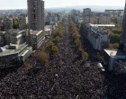 A drone view shows people gathering outside Novi Sad railway station during a commemorative service, on the first anniversary of the fatal November 2024 canopy collapse of the station, which killed 16 people, triggering nationwide accusations of widespread corruption and negligence, in Novi Sad, Serbia, November 1, 2025. REUTERS/Marko Djurica/Marko Djurica