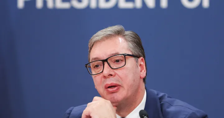 Serbia's President Aleksandar Vucic speaks during a press conference, after shots were fired outside the parliament building near a tent erected by supporters of Vucic, in Belgrade, Serbia, October 22, 2025. REUTERS/Zorana Jevtic/Zorana Jevtic