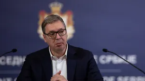 Serbia's President Aleksandar Vucic attends a press conference in his office in Belgrade, Serbia, October 9, 2025. REUTERS/Marko DjuricaвЂЁ/Marko Djurica