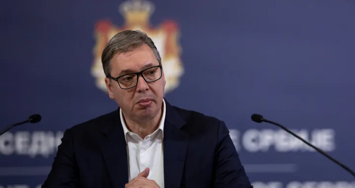 Serbia's President Aleksandar Vucic attends a press conference in his office in Belgrade, Serbia, October 9, 2025. REUTERS/Marko DjuricaвЂЁ/Marko Djurica
