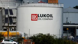 epa10154832 A view of fuel tanks of Russian multinational energy corporation Lukoil at its headquarters in Brussels, Belgium, 02 September 2022. Chairman of the Lukoil company, Ravil Maganov, reportedly died on 01 September after falling from the window of a Moscow hospital. EPA/STEPHANIE LECOCQ/Stephanie Lecocq