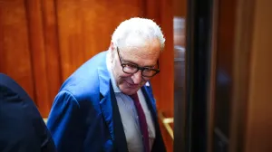 U.S. Senator Chuck Schumer (D-NY) speaks to reporters outside the Senate Chamber on the 40th day of the partial government shutdown, in Washington, D.C., U.S., November 9, 2025. REUTERS/Aaron Schwartz/Aaron Schwartz