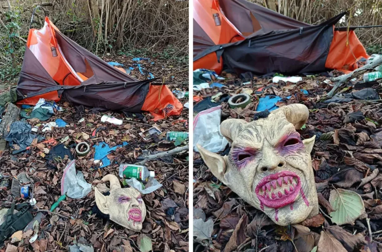 Maska, šuma, šokantno otkriće, smeće, lišće/Prtsc