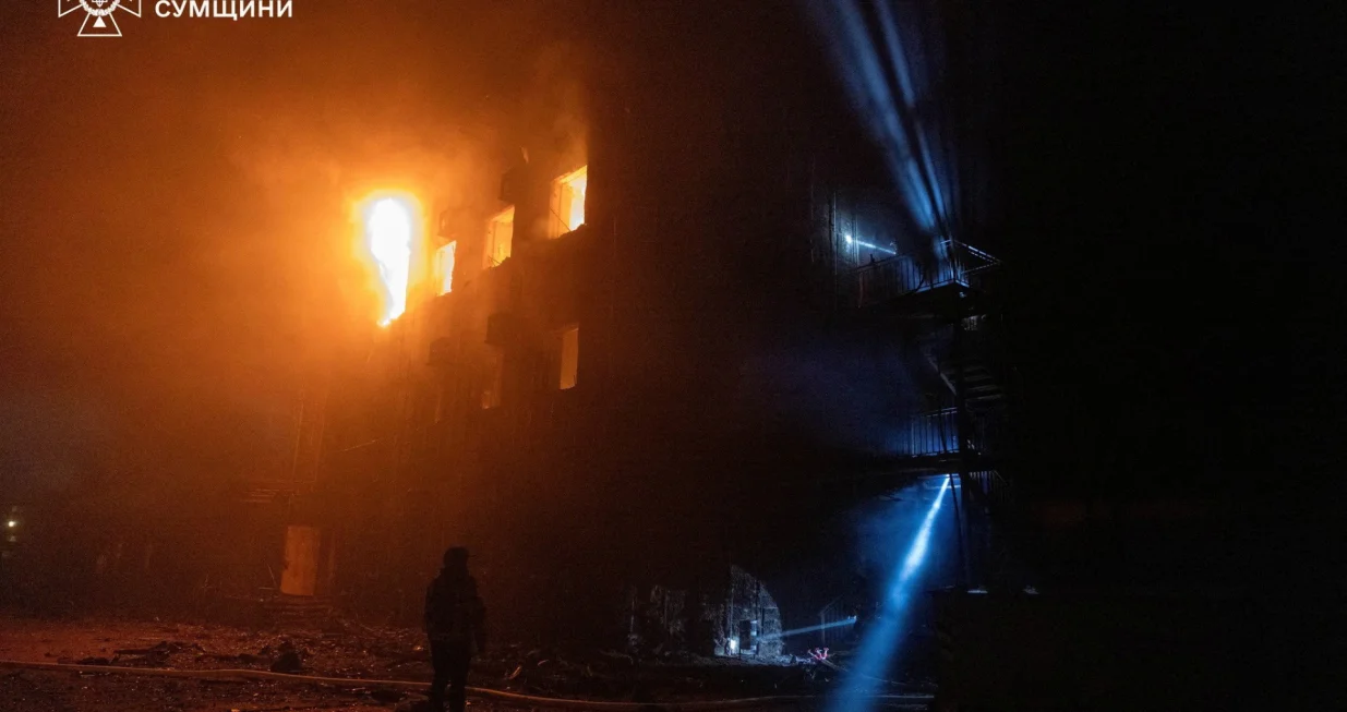 Firefighters work at the site of a Russian drone strike, amid Russia's attack on Ukraine, in Sumy, Ukraine in this handout picture released on October 31, 2025. Press service of the State Emergency Service of Ukraine in Sumy region/Handout via REUTERS ATTENTION EDITORS - THIS IMAGE HAS BEEN SUPPLIED BY A THIRD PARTY. MUST NOT OBSCURE LOGO./State Emergency Service Of Ukrai