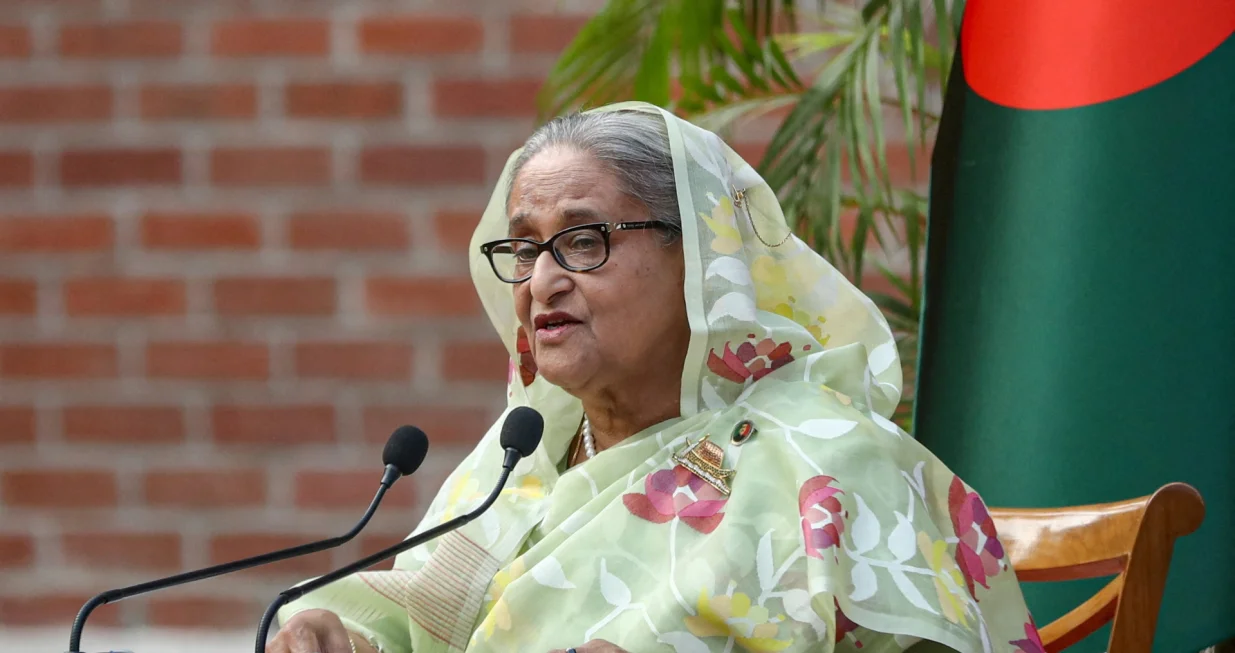 FILE PHOTO: Sheikh Hasina, the newly elected Prime Minister of Bangladesh and Chairperson of Bangladesh Awami League, speaks during a meeting with foreign observers and journalists at the Prime Minister's residence in Dhaka, Bangladesh, January 8, 2024. REUTERS/Mohammad Ponir Hossain/File Photo/Mohammad Ponir Hossain