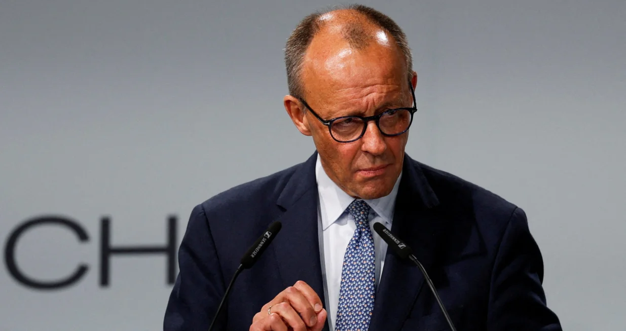 German Chancellor Friedrich Merz speaks during a groundbreaking ceremony for the IPAI CAMPUS, an artificial intelligence park, in Heilbronn, Germany, October 21, 2025. REUTERS/Heiko Becker REFILE - CHANGING FROM "EUROPE'S LARGEST ARTIFICIAL INTELLIGENCE PARK" TO "AN ARTIFICIAL INTELLIGENCE PARK"./Heiko Becker