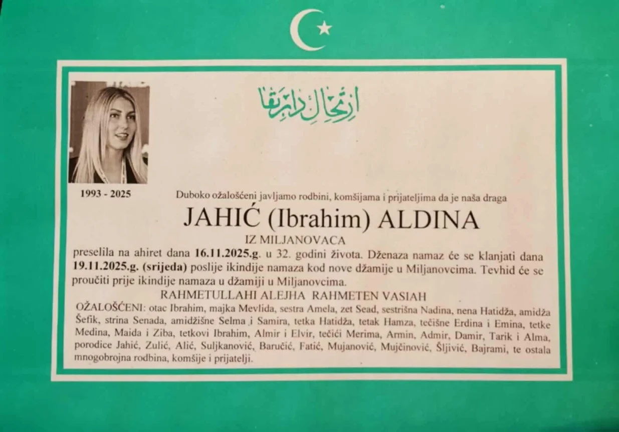 Porodica je objavila smrtovnicu/