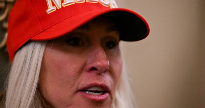FILE PHOTO: U.S. Representative Marjorie Taylor Greene (R-GA) speaks to the press, on the day of a joint session of Congress to certify Donald Trump's election, at the U.S. Capitol in Washington, U.S. January 6, 2025.REUTERS/Annabelle Gordon/File Photo/Annabelle Gordon