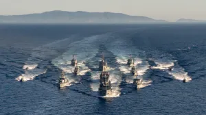 24.07.2025., Split - Hrvatska ratna mornarica izvodi vjezbu za vojni mimohod. Fotografije snimljene iz zraka. Spasilacki brod Faust Vrancic (73), desantni brod-minopolagac Cetina (81), skolski brod Andrija Mohorovicic (72), raketne topovnjace Kralj Dmitar Zvonimir (12), Kralj Petar Kresimir IV. (11), Vukovar (41), Dubrovnik (42), ophodni brodovi Omis (31), Umag (32) te gumene brodice klase Modrulj. Photo: Igor Kralj/PIXSELL/Igor Kralj/pixsell