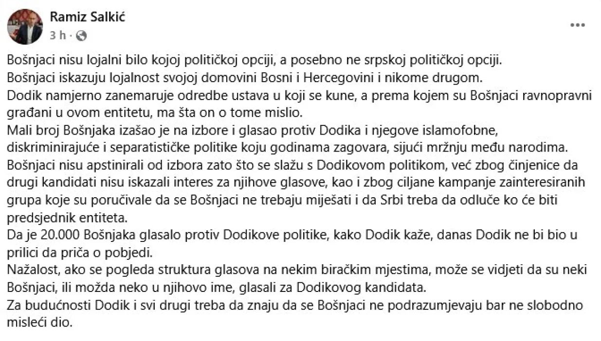 odgovor ramiza salkića dodiku/Facebook