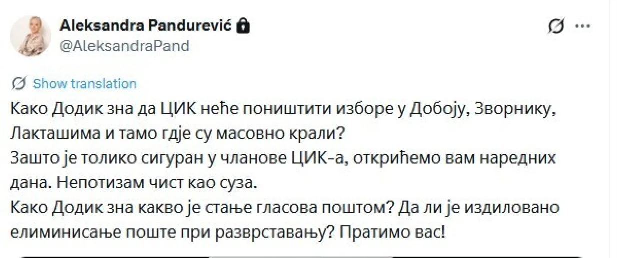 Objava Aleksandre Pandurević/