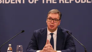 BEOGRAD, Srbija - 22.oktobar 2025: Predsjednik Srbije Aleksandar Vučić obratio se javnosti u srijedu u Beogradu, nakon napada ispred Skupštine Srbije (Filip Stevanovic - Anadolu Agency)/