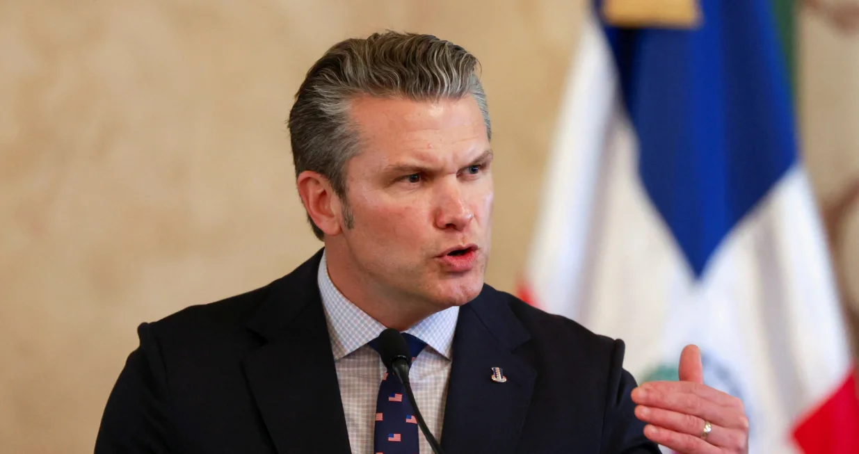 U.S. Secretary of Defense Pete Hegseth speaks during a meeting with Dominican Republic President Luis Abinader at the National Palace, in Santo Domingo, Dominican Republic November 26, 2025. REUTERS/Erika Santelices/Erika Santelices