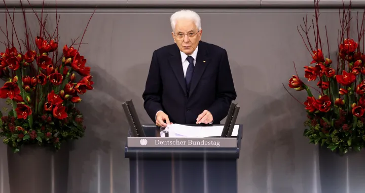 Italian President Sergio Mattarella addresses the Bundestag, during a Remembrance Day ceremony at the lower house of parliament, in Berlin, Germany November 16, 2025. REUTERS/Nadja Wohlleben/Nadja Wohlleben