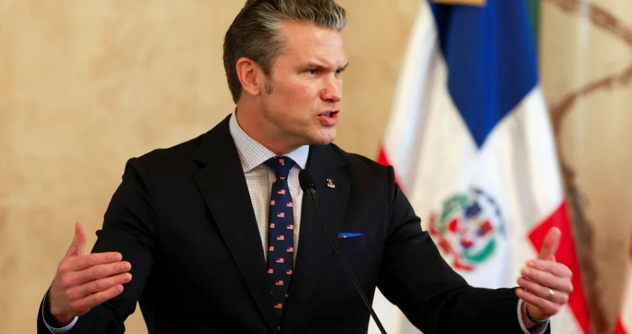 U.S. Secretary of Defense Pete Hegseth speaks during a meeting with Dominican Republic President Luis Abinader at the National Palace, in Santo Domingo, Dominican Republic November 26, 2025. REUTERS/Erika Santelices/Erika Santelices