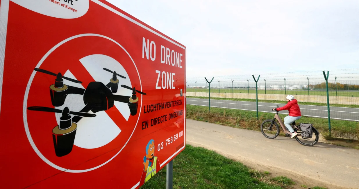 FILE PHOTO: A "No Drone Zone" placard at Brussels international Airport in Zaventem on the day of an emergency meeting of Belgian government officials and experts, following drone sightings that closed Brussels Airport, in Zaventem, Belgium, November 6, 2025. REUTERS/Yves Herman/File Photo/Yves Herman