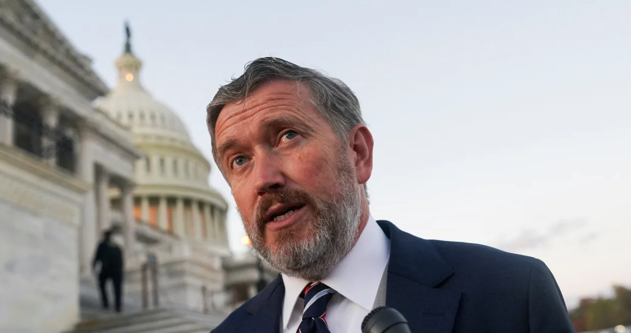 U.S. Representative Thomas Massie (R-KY) speaks with the media in front of the U.S. Capitol, as members of the U.S. House of Representatives returned to Washington after a 53-day break, for a vote that could bring the longest U.S. government shutdown in history to a close, in Washington, D.C., U.S., November 12, 2025. REUTERS/Nathan Howard/Nathan Howard
