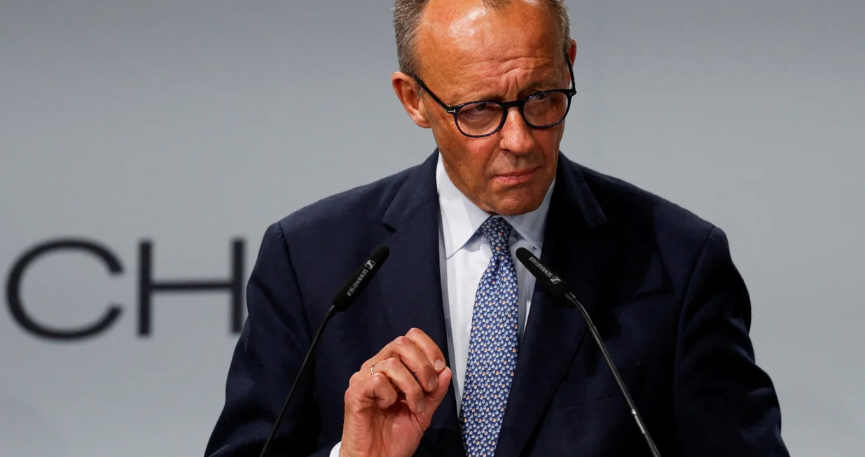 German Chancellor Friedrich Merz speaks during a groundbreaking ceremony for the IPAI CAMPUS, an artificial intelligence park, in Heilbronn, Germany, October 21, 2025. REUTERS/Heiko Becker REFILE - CHANGING FROM "EUROPE'S LARGEST ARTIFICIAL INTELLIGENCE PARK" TO "AN ARTIFICIAL INTELLIGENCE PARK"./Heiko Becker