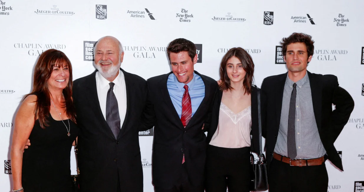 FILE PHOTO: Honoree Rob Reiner (2nd L) arrives with his wife Michele (L), and children Jake (C), Romy and Nick (R) at the 41st Annual Chaplin Award Gala in New York April 28, 2014. REUTERS/Lucas Jackson/File Photo REFILE - CORRECTING POSITIONING IN THE PHOTO FROM "NICK (C), ROMY AND JAKE (R)" TO "JAKE (C), ROMY AND NICK (R)"./Lucas Jackson