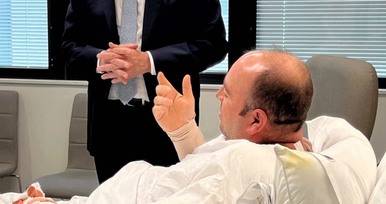 Australia's Prime Minister Anthony Albanese visits Ahmed al Ahmed, the bystander who charged at one of the gunmen and seized his rifle during the deadly shooting at Bondi Beach, at St George Hospital in Sydney, Australia, December 16, 2025. Prime Minister's Office/Handout via REUTERS THIS IMAGE HAS BEEN SUPPLIED BY A THIRD PARTY./Prime Minister's Office