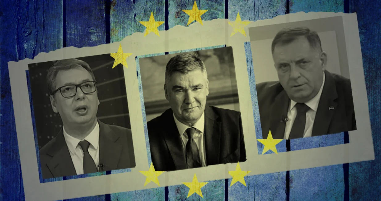 Vizual za kolumnu Dragana Markovine, Aleksandar Vučić, Zoran Milanović i Milorad Dodik, EU/Benjamin Krnić