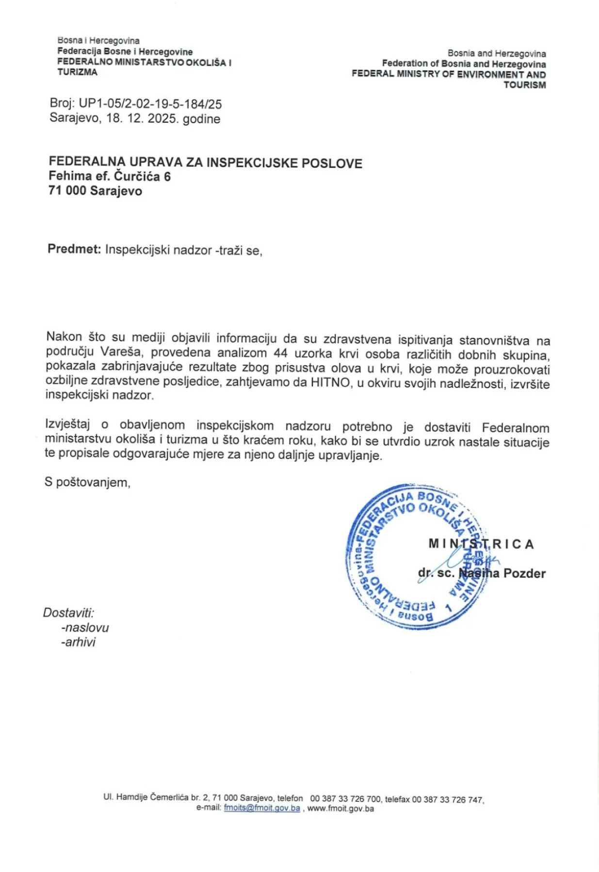 Zahtjev ministrice Pozder za provođenjem inspekcijskog nadzora/