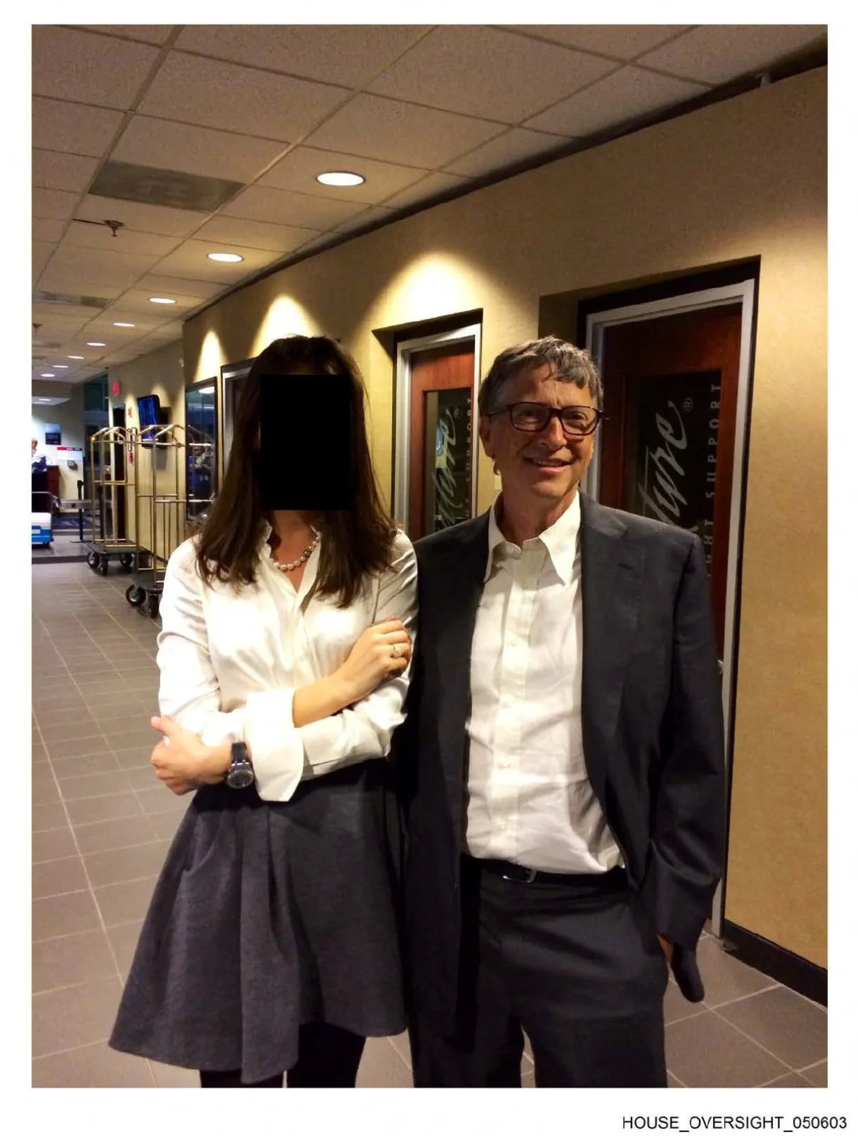 Bill Gates appears with a woman, who's identity has been obscured, in this image from the Epstein estate released by House Oversight Committee Democrats in Washington, D.C., U.S., on December 18, 2025. House Oversight Committee Democrats/Handout via REUTERS THIS IMAGE HAS BEEN SUPPLIED BY A THIRD PARTY. REDACTED AREA FROM SOURCE./House Oversight Committee Democr