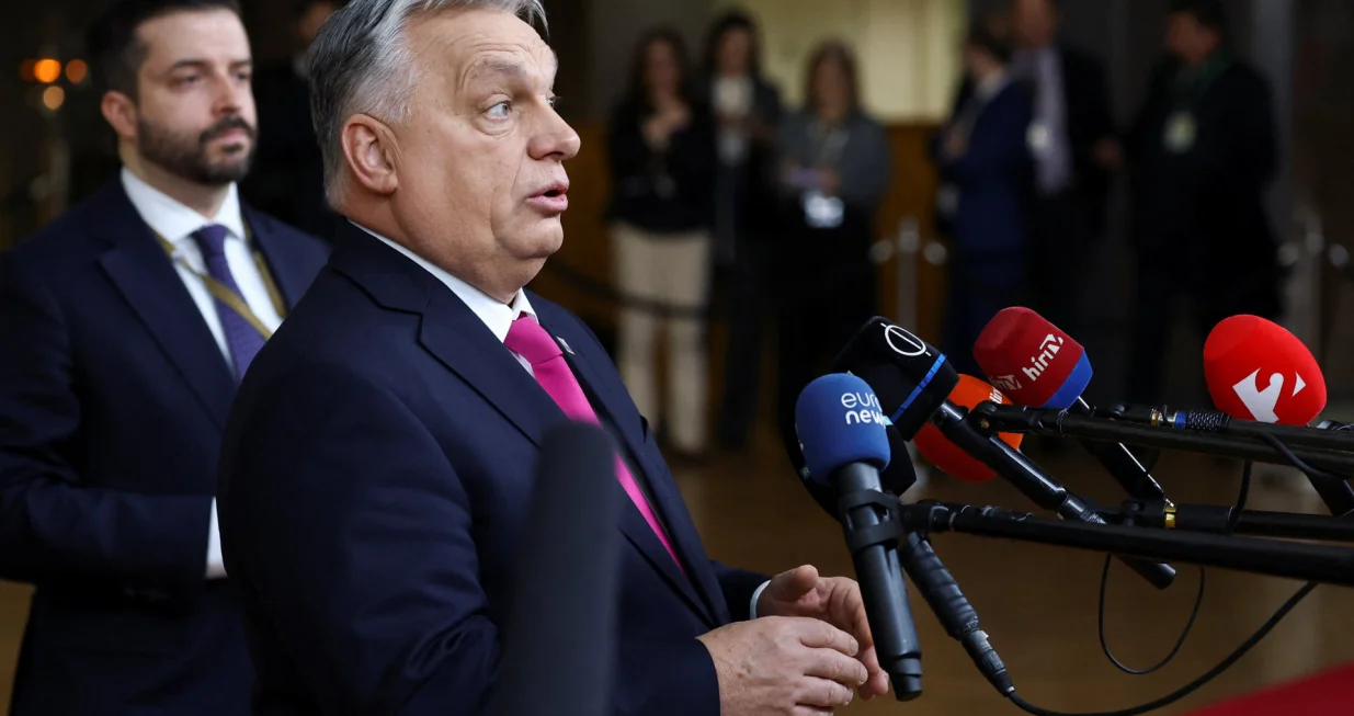 Hungarian Prime Minister Viktor Orban speaks to the media at a European Union leaders' summit in Brussels, Belgium, December 18, 2025. REUTERS/Yves Herman/Yves Herman